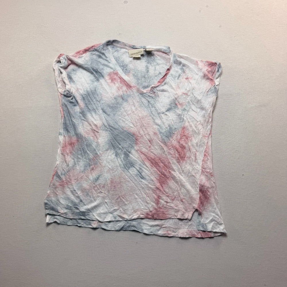 Cynthia Rowley V-Neck Tee Women Extra Small Pink Blue Excellent Tie Dye Linen